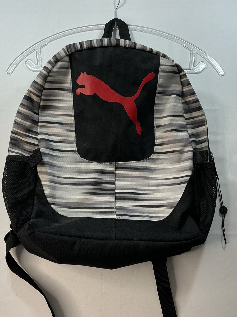 Puma Black and Gray Striped Backpack with Red Puma Logo